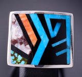 Size 9-3/4 Silver & Turquoise Multistone Navajo Inlay Men's Ring by TSF 3L07B