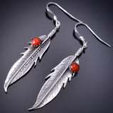Silver & Coral Navajo Eagle Feather Earrings by Louise Joe 6D09K