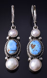 Silver & Golden Hills Turquoise Fresh Pearl Navajo Earrings by Erick Begay 5H02P