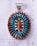 Turquoise and Coral Needle Point Pendant by Carla Laconsello 4L20X