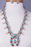 Zuni silver & Turquoise and Coral Squash Blossom Necklace Signed Effie C 5L23H