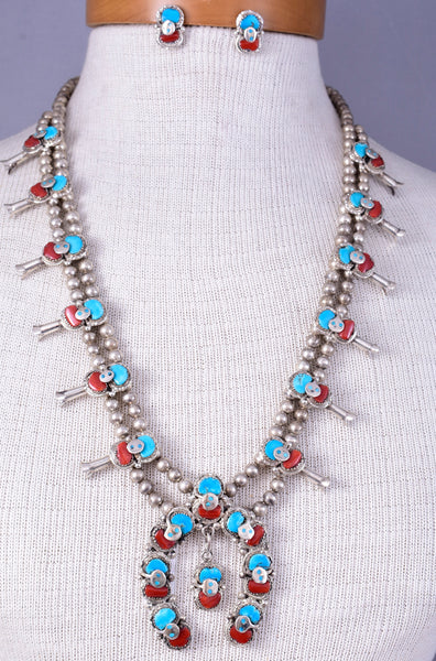 Zuni silver & Turquoise and Coral Squash Blossom Necklace Signed Effie C 5L23H