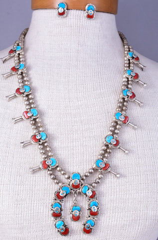 Zuni silver & Turquoise and Coral Squash Blossom Necklace Signed Effie C 5L23H