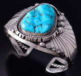 Vintage Silver & Turquoise Navajo Handmade Feathers Bracelet 5F10D