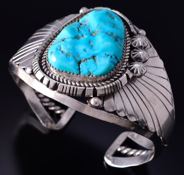 Vintage Silver & Turquoise Navajo Handmade Feathers Bracelet 5F10D