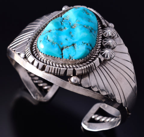 Vintage Silver & Turquoise Navajo Handmade Feathers Bracelet 5F10D
