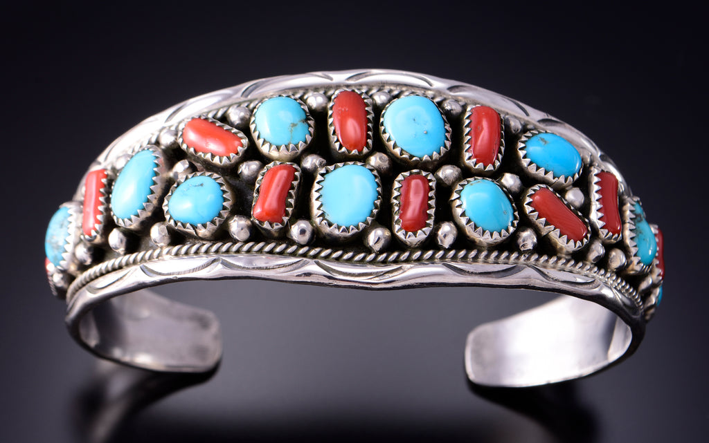 Southwestern Turquoise and Coral Beaded Leather Wrap Bracelet with sterling  silver, Native American inspired bracelet