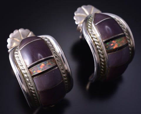 Vintage Silver Multistone Navajo Inlay Hoop Earrings by Albert Francisco 5G16N