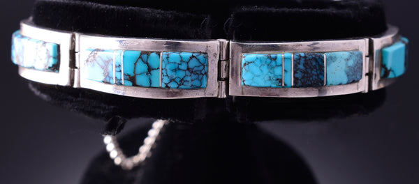 Silver & Turquoise Navajo Inlay Link Bracelet by Chris Tom 4E18F
