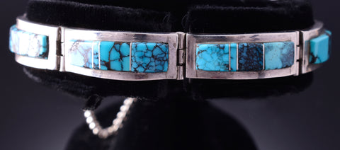 Silver & Turquoise Navajo Inlay Link Bracelet by Chris Tom 4E18F