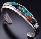 Vintage Silver & Turquoise Multistone Zuni Inlay Bracelet by H & L Zunie 6E14S