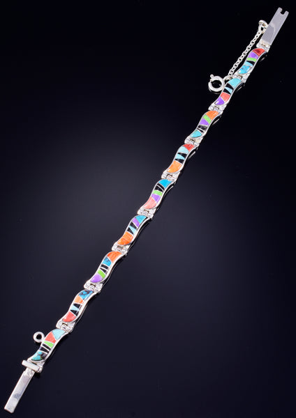 Silver & Turquoise Multistone Navajo Inlay Link Bracelet by Rose Ann Long 5L20U