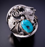 Size 9-1/2 Silver & Turquoise Howling Wolf Navajo Men's Ring J. Saunders 4L10S