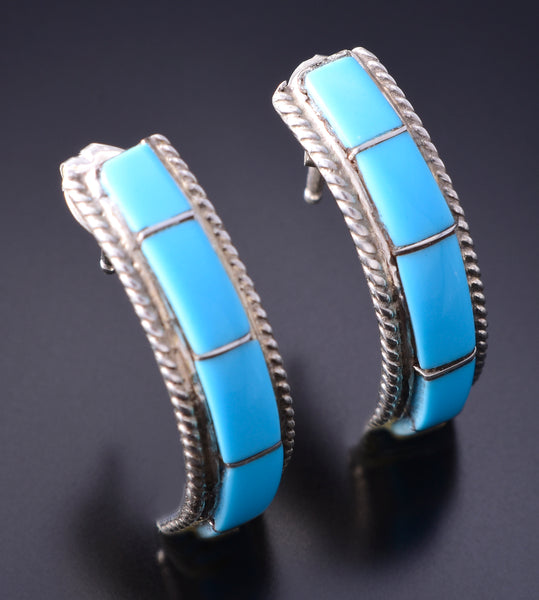 Silver & Turquoise Zuni Inlay Half Hoop Earrings by Zenia Kylestewa 3H02T