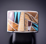 Size 9 Silver & Turquoise Multistone Navajo Inlay Men's Ring by TSF 3L07G