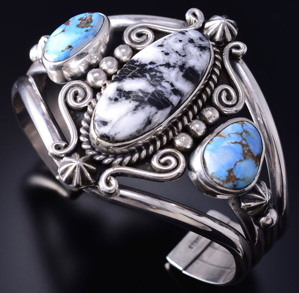 Silver & Golden Hills Turquoise White Buffalo Navajo Bracelet Erick Begay 6C01D