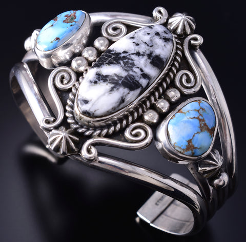 Silver & Golden Hills Turquoise White Buffalo Navajo Bracelet Erick Begay 6C01D