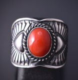 Size 9-3/4 Silver & Mediterranean Coral Navajo Ring by Derrick Gordon 5H21N