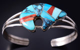 Vintage Silver & Turquoise Multistone Navajo Inlay Heartline Bear Bracelet 5H25D