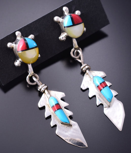 Silver & Turquoise Multistone Navajo Inlay Turtle Feather Earrings by Maggie Bedah 3J22J