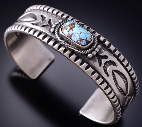 Silver & Golden Hills Turquoise Navajo Handstamped Bracelet by Erick Begay 6J23J