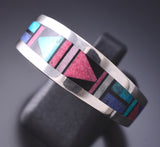 Size 13-1/2 Silver & Turquoise Multistone Navajo Inlay Mens Ring Jimmy Harrison 6F22G