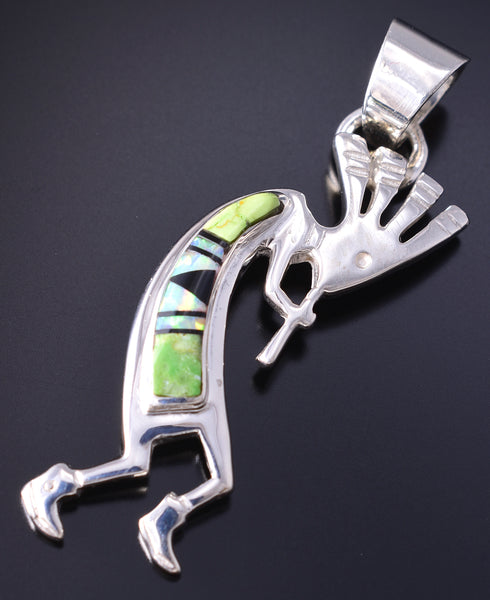 Silver & Gaspeite Multistone Navajo Inlay Kokopelli Pendant by Rick Tolino 5L17O