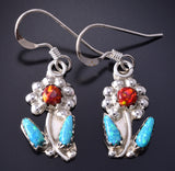 Silver & Turquoise w/ Fire Opal Zuni Flower Earrings by Marsha Quam 5G18W