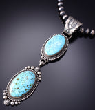 Silver & Kingman Turquoise Navajo Long 2 Stone Pendant by Tom Lewis 6H25N