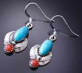 Silver & Turquoise & Coral Feathers Navajo Earrings by Emery Spencer 3J16P