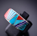 Size 10 Silver & Turquoise Multistone Navajo Inlay Men's Ring by TSF 3L07N
