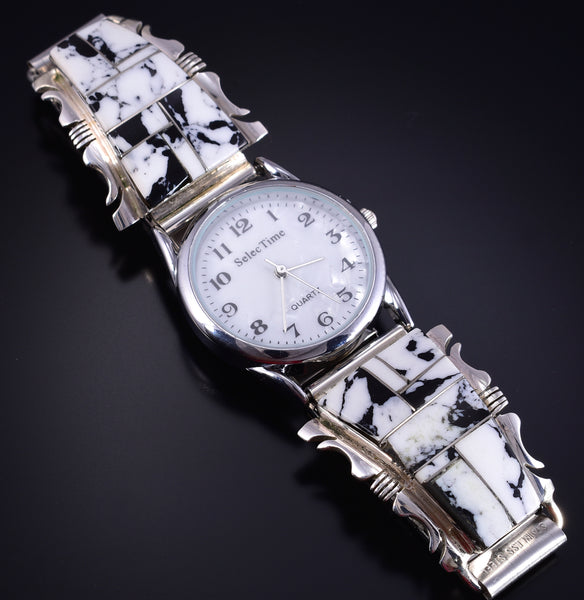 Silver & White Buffalo Turquoise Navajo Inlay Watch by Steve Francisco 5L05A