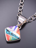 Silver & Turquoise Multistone Navajo Inlay Pendant by VJ 3F12W