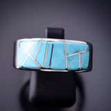 Size 11-3/4 Silver & Turquoise Navajo Inlay Men's Ring by TSF 3L07P