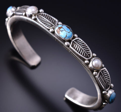 Silver & Golden Hills Turquoise Fresh Pearl Navajo Bracelet by Erick Begay 6F28S