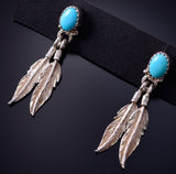 Silver & Turquoise Eagle Feathers Navajo Post Dangle Earrings 5F10W