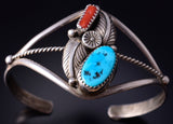 Vintage Silver & Turquoise w/ Coral Navajo Feathers Bracelet 5H25W