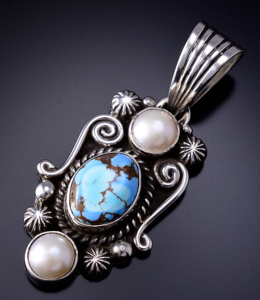 Silver & Golden Hills Turquoise Fresh Pearl Navajo Pendant by Erick Begay 6F28A