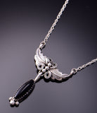 Silver & Onyx w/ Feathers Navajo Necklace by Annie Spencer 3F05H