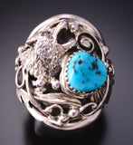 Size 9-1/2 Silver & Turquoise Wolf Mens Ring by Jeanette Saunders 3G05S