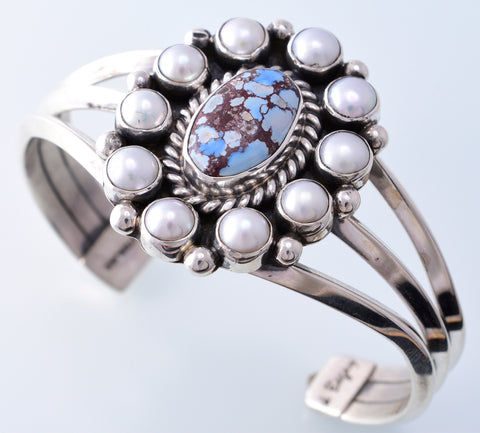 Silver & Golden Hills Turquoise & Fresh Pearl Navajo Bracelet by Erick Begay 3H19O