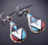 Silver Turquoise Multistone Zuni Inlay Tear Drop Earrings by Carol Niha - 6J32D