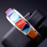 Size 7-1/4 Silver & Turquoise Multistone Navajo Inlay Ring by Aldora Henry 5L07Z