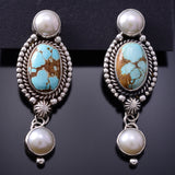 Silver & Golden Hills Turquoise Fresh Pearl Navajo Earrings by Erick Begay 6F27C