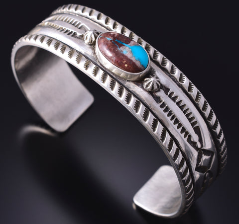 Silver & Bisbee Turquoise Navajo Handstamped Bracelet by Erick Begay 5H01F