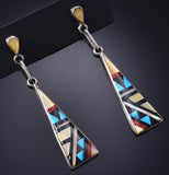 Silver & Turquoise Multistone Zuni Inlay Long Earrings Kathy Boone 5G18Y