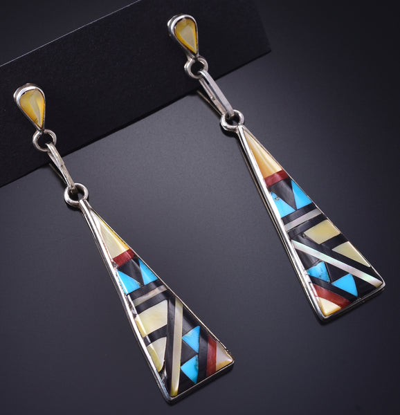 Silver & Turquoise Multistone Zuni Inlay Long Earrings Kathy Boone 5G18Y