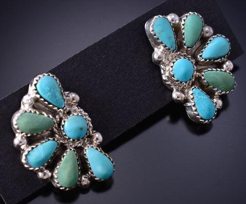 Silver & Kingman Turquoise Zuni Handmade Fan Earrings by Alicia Wilson 6F17S