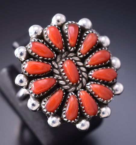Vintage Size 7 Silver & Coral Zuni Flower Ring 6E14M