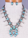 Traditional Kingman Turquoise Silver Navajo Squash Blossom Necklace By Betta Lee 5L23G